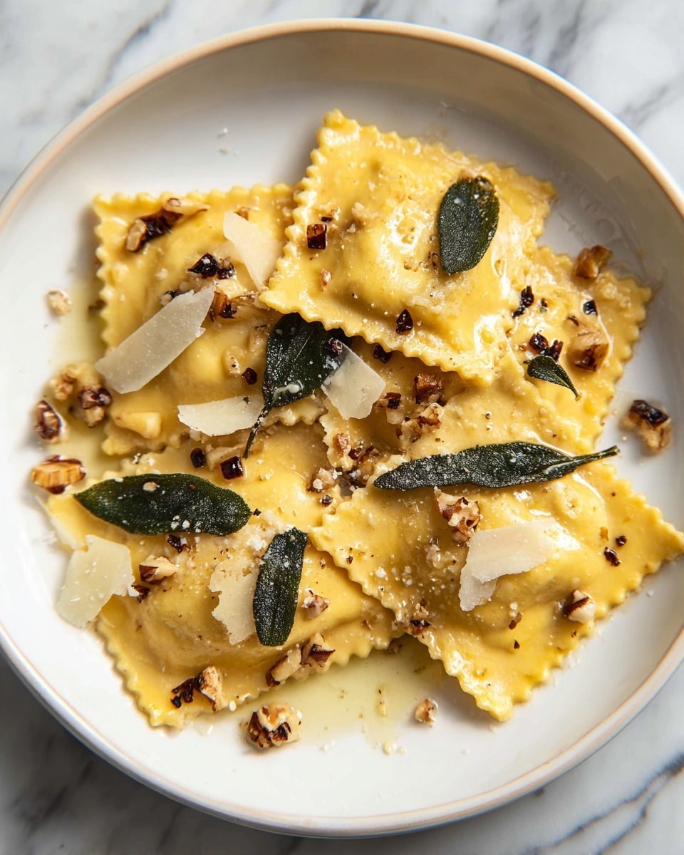 The image shows a close-up of a white plate with ravioli arranged in layers, each ravioli having a pale yellow color with slightly ruffled edges. Scattered across the top are dark green sage leaves and small chopped brown nuts giving a textured look. Thin, pale cream cheese shavings are sprinkled over the ravioli, adding contrast. A woman's hand holds a silver fork piercing one ravioli piece in the center, lifting it slightly. The background and surface beneath the plate is a white marbled texture. Photo taken with an iphone --ar 4:5 --v 7