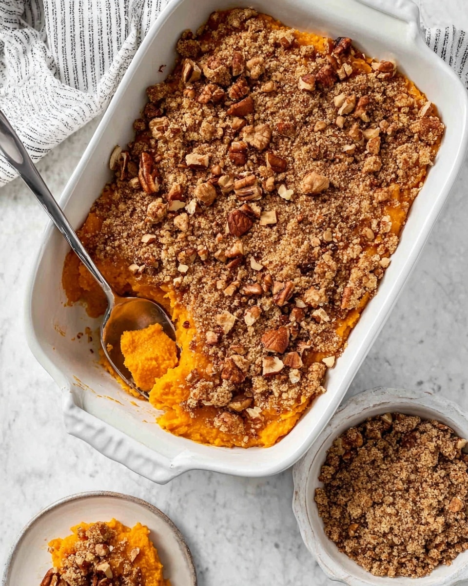 A white rectangular baking dish filled with two layers: the bottom layer is bright orange mashed sweet potatoes with a smooth texture, and the top layer is a golden brown crumbly topping with pieces of chopped nuts scattered throughout. A metal spoon is scooping a portion of the sweet potato casserole from the bottom left corner, showing the orange filling under the crumbly top. A small round container with more crumb topping sits near the baking dish, which is set on a white marbled surface with a striped cloth napkin nearby. Photo taken with an iphone --ar 4:5 --v 7