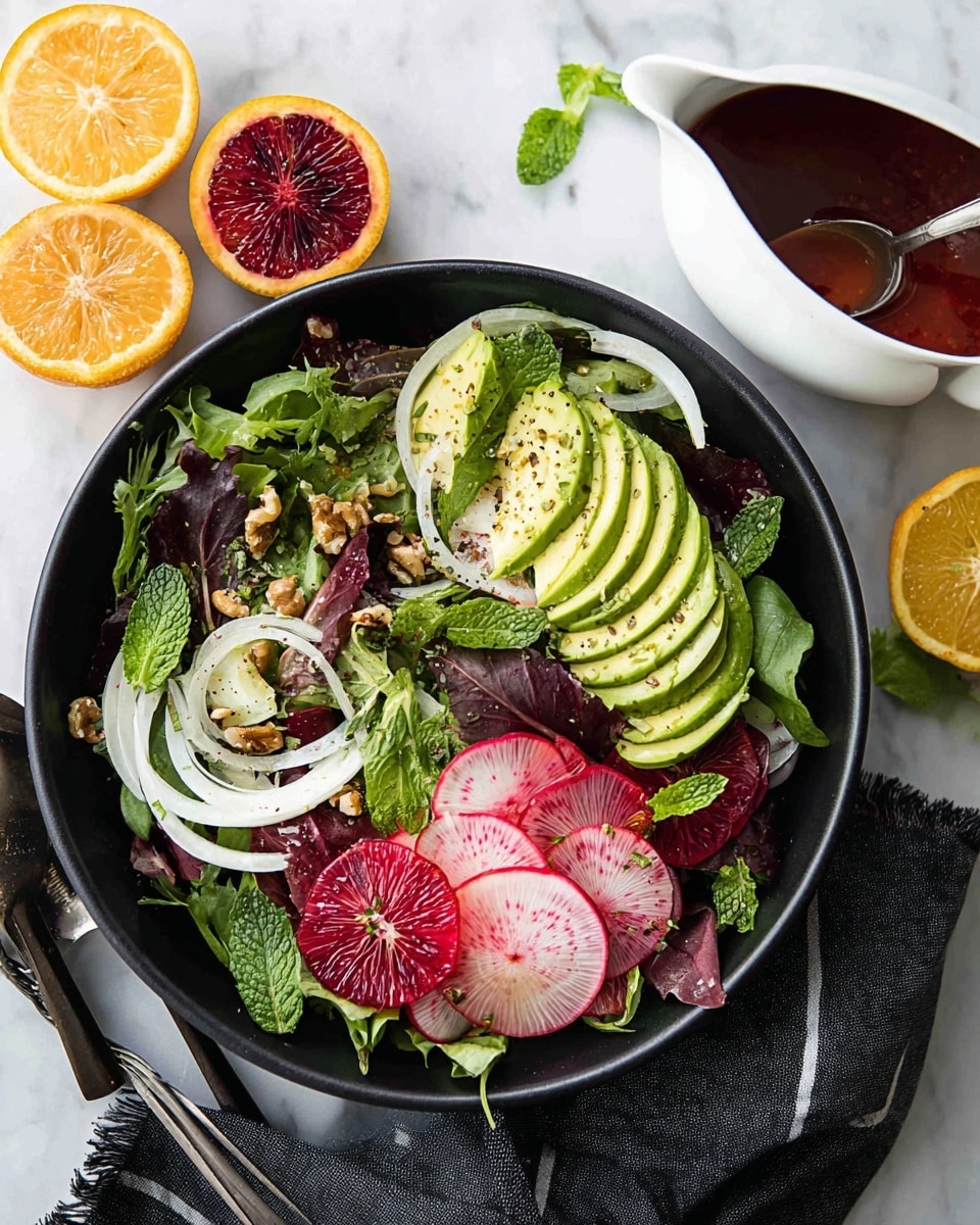 A salad in a white bowl is full of fresh green leaves as the base layer, topped with thinly sliced white fennel rings and round slices of radish with red edges and white centers. Bright red blood orange segments and bright yellow orange pieces are scattered on top, adding color contrast. There are small light brown nut pieces sprinkled around, with shavings of pale cheese layered throughout. A few mint leaves with deep green color rest both inside and near the bowl. The bowl sits on a white marbled surface with a gray cloth nearby, giving a clean and fresh look. photo taken with an iphone --ar 4:5 --v 7