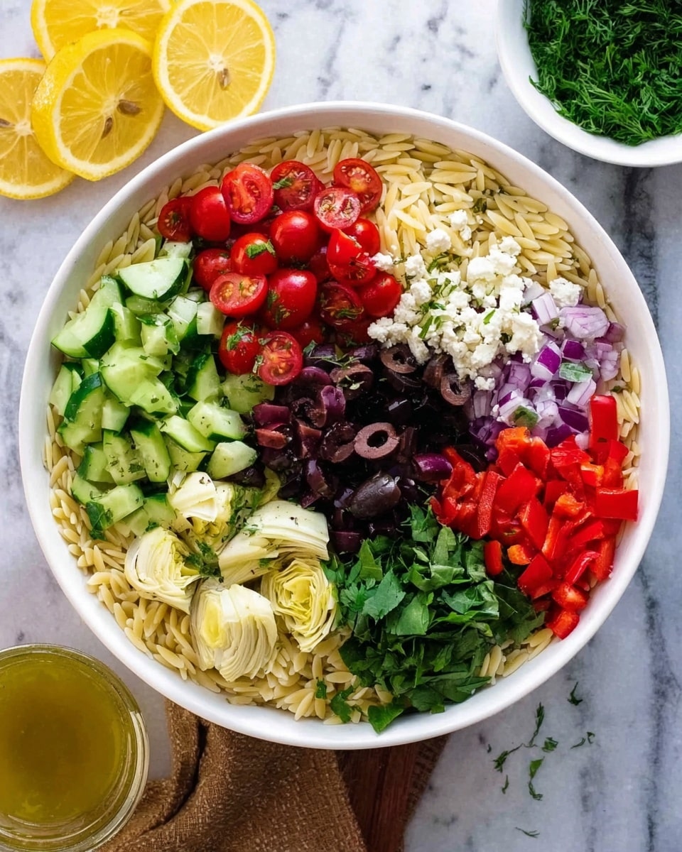 A white bowl is filled with a base layer of light golden orzo pasta spread evenly around. On top, there are eight sections of fresh ingredients arranged in a circle: bright red cherry tomato halves on the left, followed by medium green sliced cucumbers, deep red roasted red pepper pieces below, pale yellow artichoke hearts to the lower right, small bits of purple red onion to the right, dark green chopped spinach, black sliced olives at the center, fresh white crumbled feta cheese above the olives, and finely chopped green celery next to the feta. Behind the bowl, two long lemon halves rest on a white marbled surface, alongside a glass cup with a yellowish dressing and a white bowl with green herbs. photo taken with an iphone --ar 4:5 --v 7