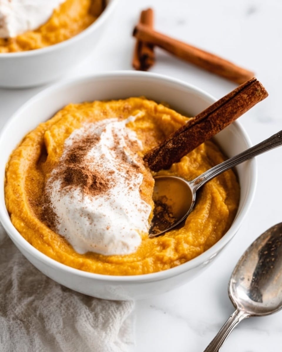 A white bowl with a thick, smooth layer of bright orange pumpkin puree as the base fills most of the bowl. On top, a dollop of white cream sits slightly off-center, with a small dusting of light brown cinnamon powder around the cream's edges. A brown cinnamon stick stands upright on the right side of the cream, adding height. A silver spoon with a reflective surface rests inside the bowl, partially submerged in the pumpkin puree near the cream. Another silver spoon lies on the white marbled surface next to the bowl, and a second cinnamon stick is placed in the background on the same surface. The photo taken with an iphone --ar 4:5 --v 7