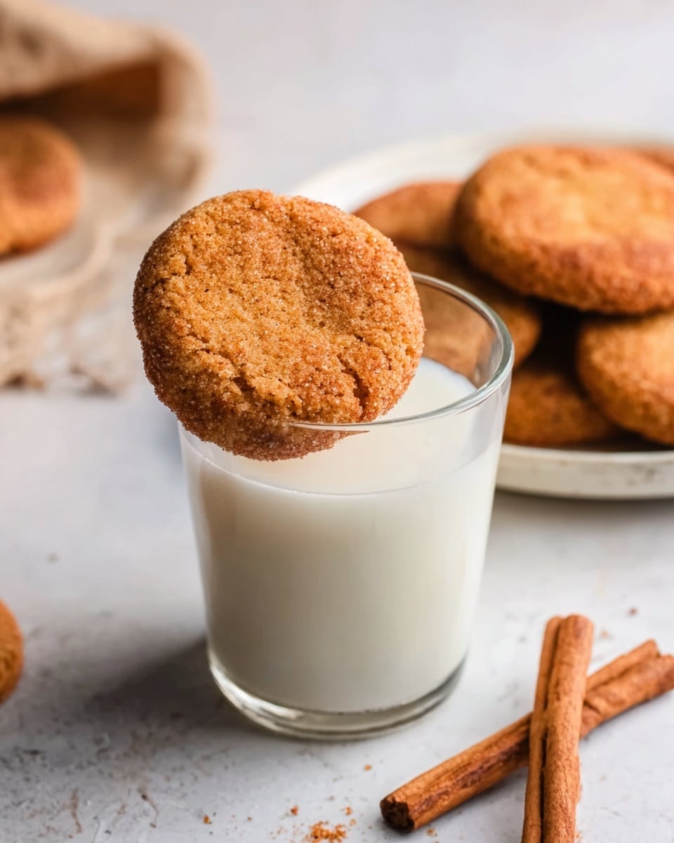 A round, golden-brown cookie with a slightly rough texture is perched on the rim of a clear glass filled with white milk. The cookie has a crisp surface with small cracks and is the main focus of the image. In the background, a white plate holds several more cookies, all of similar color and texture. Two cinnamon sticks lie on the white marbled surface next to the glass, adding a warm color contrast. The overall look is cozy and inviting, with neutral soft lighting. Photo taken with an iphone --ar 4:5 --v 7