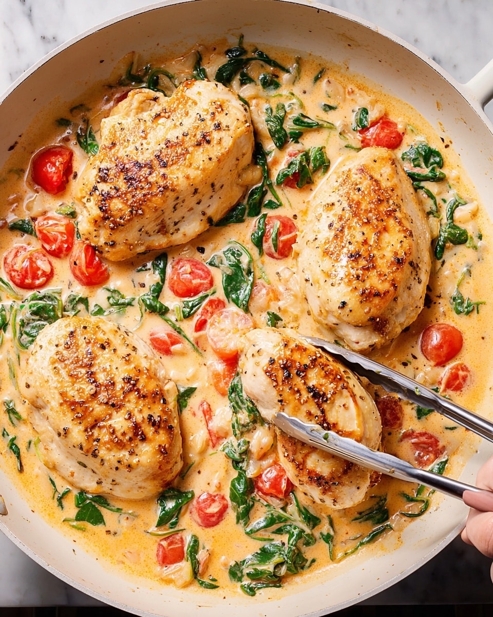 A white pan holds four pieces of golden brown chicken with a lightly crispy texture on top. They are arranged over a creamy sauce filled with bright green spinach leaves and red cherry tomatoes, which add pops of color. The sauce is thick and light orange, surrounding the chicken evenly. A woman's hand is seen holding metal tongs, lifting one chicken piece slightly. The pan rests on a white marbled surface. photo taken with an iphone --ar 4:5 --v 7