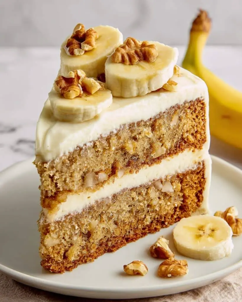 Banana Cake with Cream Cheese Frosting and Walnut Garnish Recipe