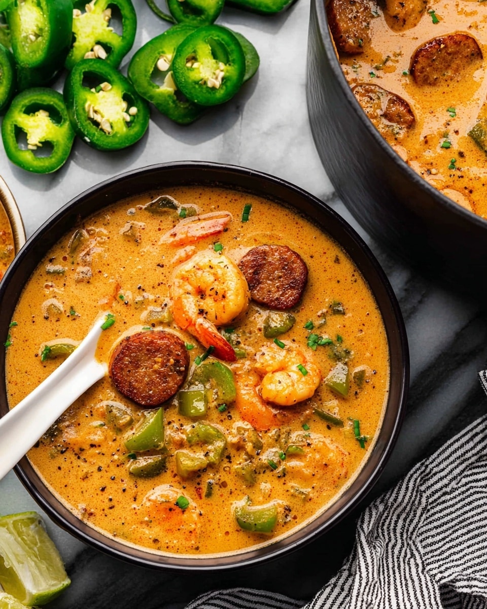 The image shows a black bowl filled with a creamy orange soup containing visible slices of browned sausage, green bell pepper pieces, bright orange shrimp, and chickpeas. The soup has a thick, smooth texture with specks of black pepper sprinkled on top. A white spoon rests inside the bowl on the left side. Around the bowl, there are fresh whole and sliced green jalapeños on a white marbled surface, and part of a black pot filled with the same soup is visible on the right. A striped cloth is partially seen at the bottom right corner, photo taken with an iphone --ar 4:5 --v 7