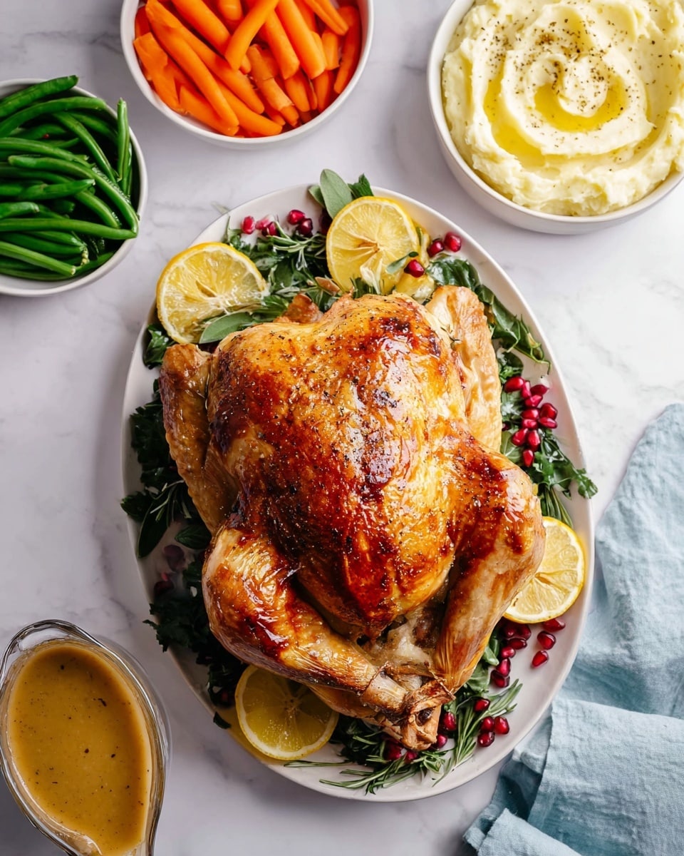 A golden-brown roasted whole chicken with crispy skin is placed on a white rectangular plate. The chicken sits on a bed of fresh green leafy herbs that add a vibrant contrast to the rich brown of the bird. Around the chicken, there are several halved yellow lemons with bright, juicy interiors visible. A woman's hand is using a sharp knife to slice into the chicken, revealing the tender, juicy texture inside. The background surface is a white marbled texture. photo taken with an iphone --ar 4:5 --v 7