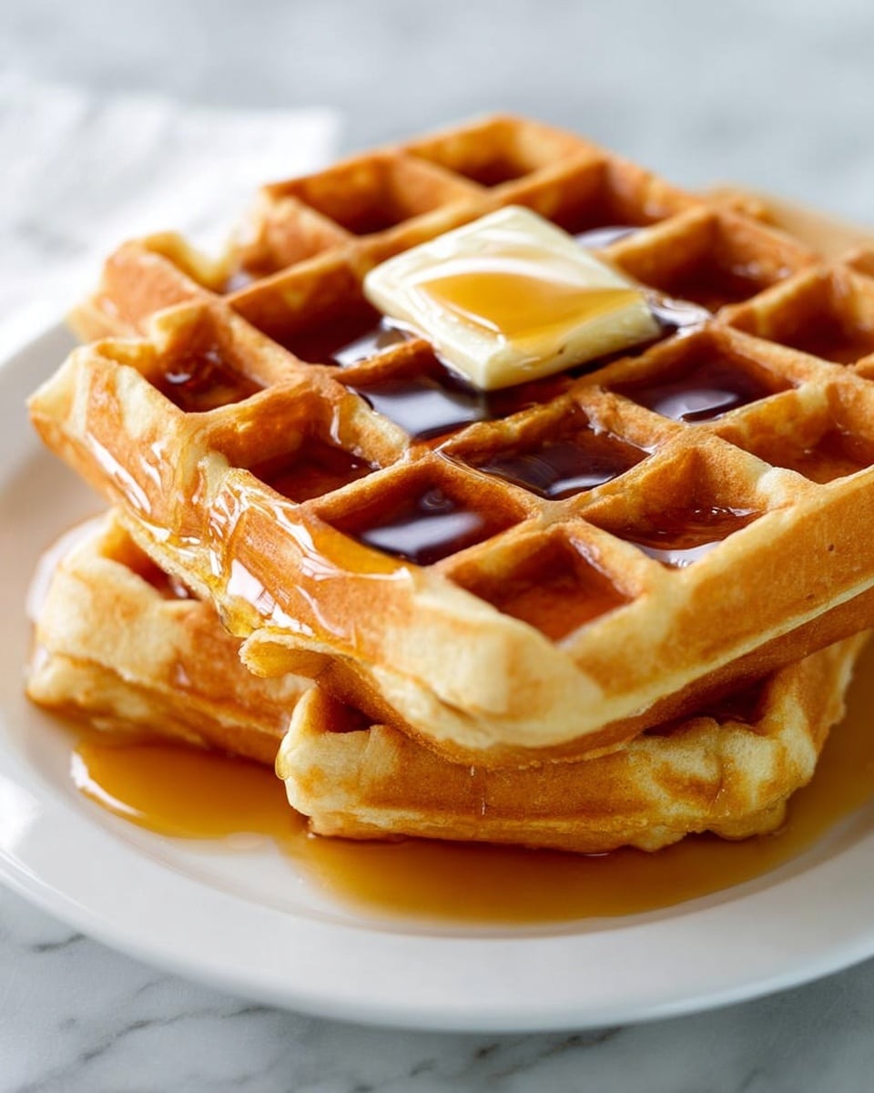 A stack of two thick golden brown waffles with deep square pockets filled with amber syrup, sitting on a white plate over a white marbled surface. On top of the upper waffle, there is a small square of butter with syrup slowly melting over it, adding shine and a soft texture contrast. The syrup pools slightly around the base of the waffles, enhancing the warm and inviting look of the dish. photo taken with an iphone --ar 4:5 --v 7