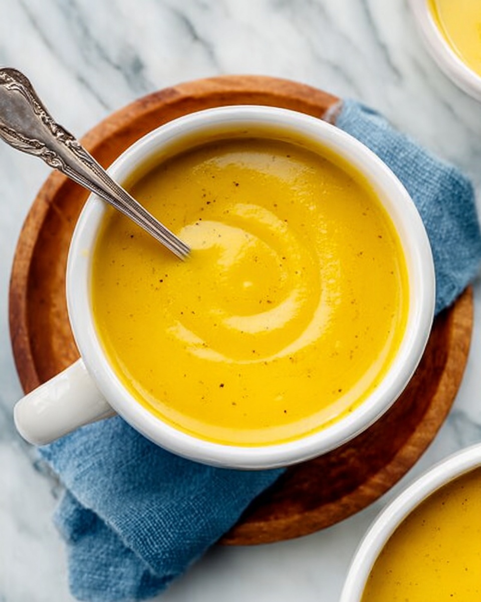 A close-up view of a white cup filled with smooth golden-yellow soup, showing a soft swirling texture with tiny dark specks on the surface. The cup sits on a wooden plate, with a blue cloth partially under it. A silver spoon with an ornate handle rests inside the cup, dipping into the soup. Another white cup with the same soup is partially visible at the bottom right. The background is a white marbled surface photo taken with an iphone --ar 4:5 --v 7