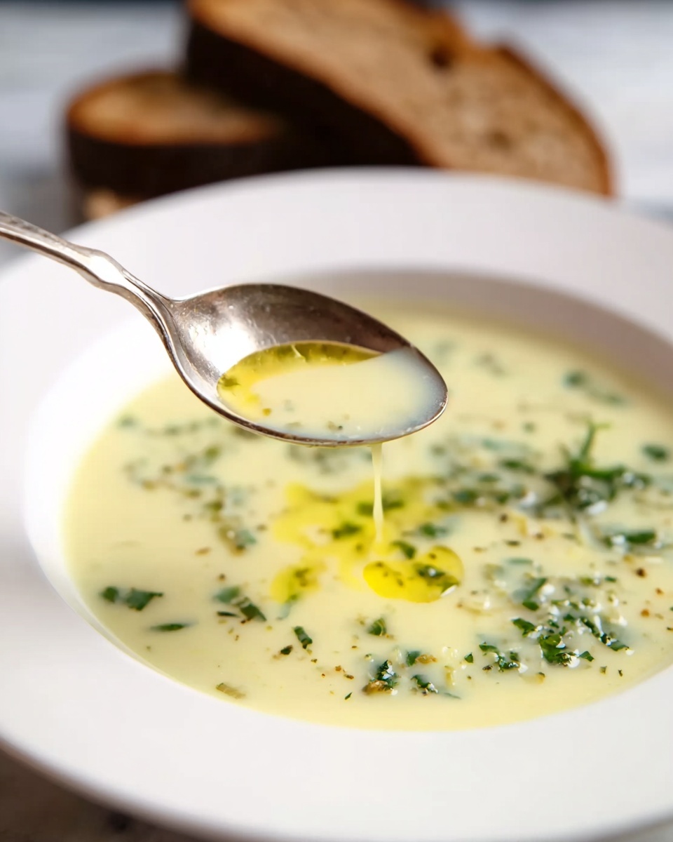 A white deep plate holds a creamy light yellow soup with small green herb pieces evenly spread in the soup. A silver spoon is lifted above the plate, holding some of the soup with visible herbs and a small yellow oil drop, with a drop falling from the spoon. In the background, there are two dark brown bread slices slightly out of focus, all set on a white marbled surface. Photo taken with an iphone --ar 4:5 --v 7