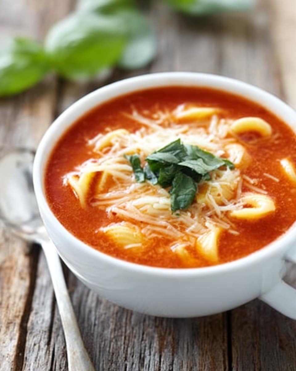 Two white bowls filled with bright orange-red tomato soup, each containing about six light yellow tortellini floating on the surface. The soup is smooth with a slightly thick texture, and there are small pieces of green spinach leaves scattered inside. One bowl is closer to the camera with a silver spoon inside, while the other is in the background. The bowls sit on a rustic wooden table with torn pieces of soft white bread nearby. The photo taken with an iphone --ar 4:5 --v 7