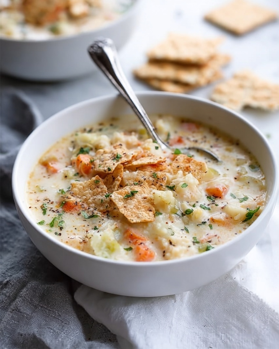 The image shows a white bowl filled with creamy soup made of small pieces of light orange carrot, pale green celery, and white cauliflower. The soup has a thick, smooth texture with some small sprinkled green herbs on top for garnish. A woman’s hand is holding a silver spoon inside the bowl, with the bowl placed on a dark wooden surface. In the background, a second white bowl with the same soup is slightly blurred, all set on a white marbled textured surface. Photo taken with an iphone --ar 4:5 --v 7