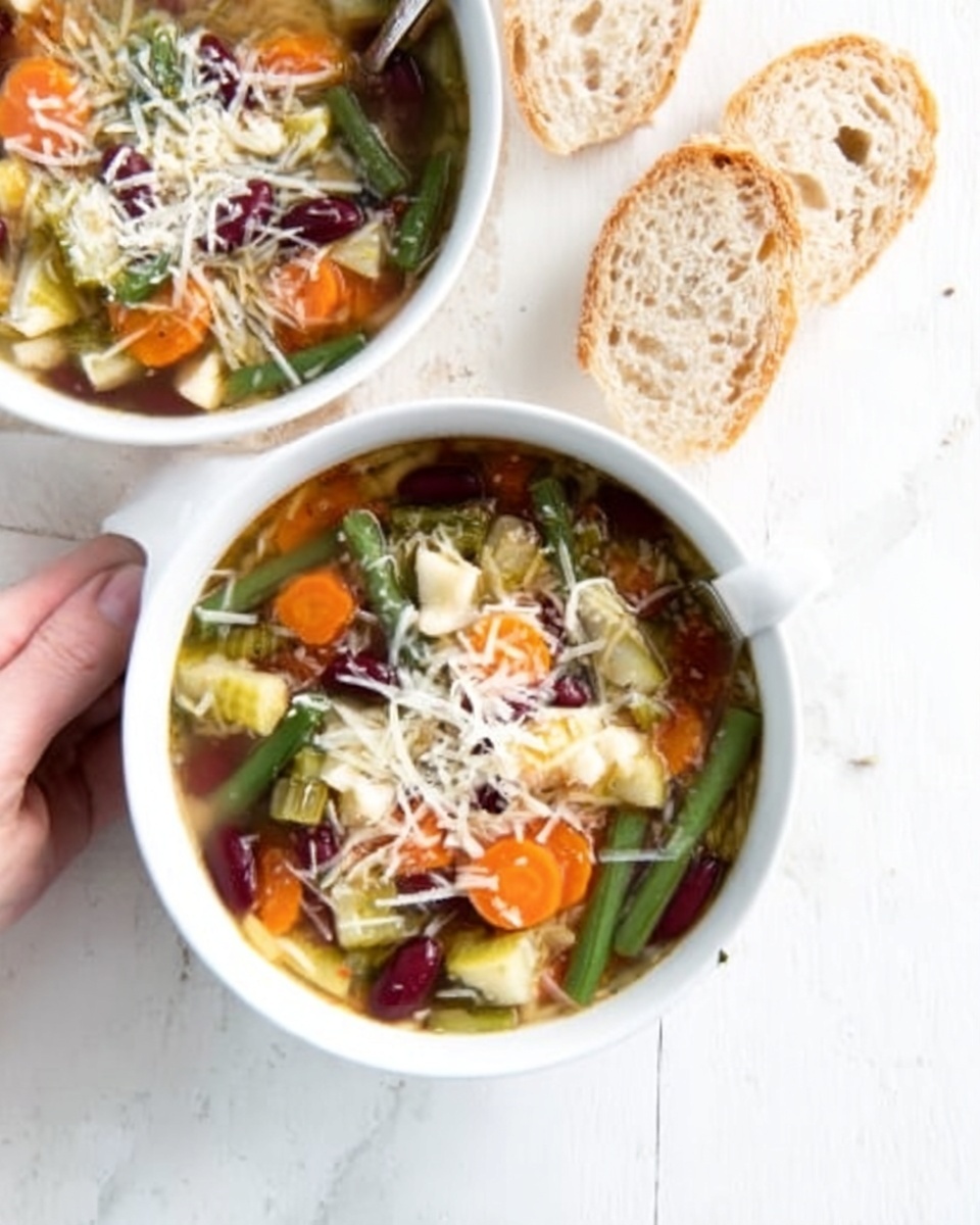 Two white bowls of clear vegetable soup sit on a white marbled surface, each filled with vibrant vegetable pieces including orange carrot slices, green beans, celery, and deep purple kidney beans, all visible through the light broth. Each bowl is topped with a sprinkle of shredded white cheese. Nearby on the surface are two slices of light brown rustic bread. One woman’s hand is gently holding the handle of the top bowl, adding a touch of warmth and human connection to the scene. The lighting is bright and natural, making the colors of the soup stand out clearly, photo taken with an iphone --ar 4:5 --v 7