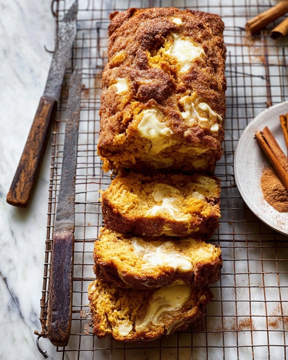 A loaf of golden-brown quick bread with a rough, textured top sprinkled with cinnamon sugar sits on a cooling rack over a white marbled surface. The bread is sliced into four thick pieces that reveal a moist, orange interior with visible swirls of melted butter creating creamy white patches inside each slice. The top of the loaf has melted butter pooling in some areas, adding a shiny glaze. To the left of the bread is an old knife with a dark handle, and to the right, a white plate holding two cinnamon sticks and some cinnamon powder. The scene captures a warm, rustic feel with natural light highlighting the textures. Photo taken with an iphone --ar 4:5 --v 7