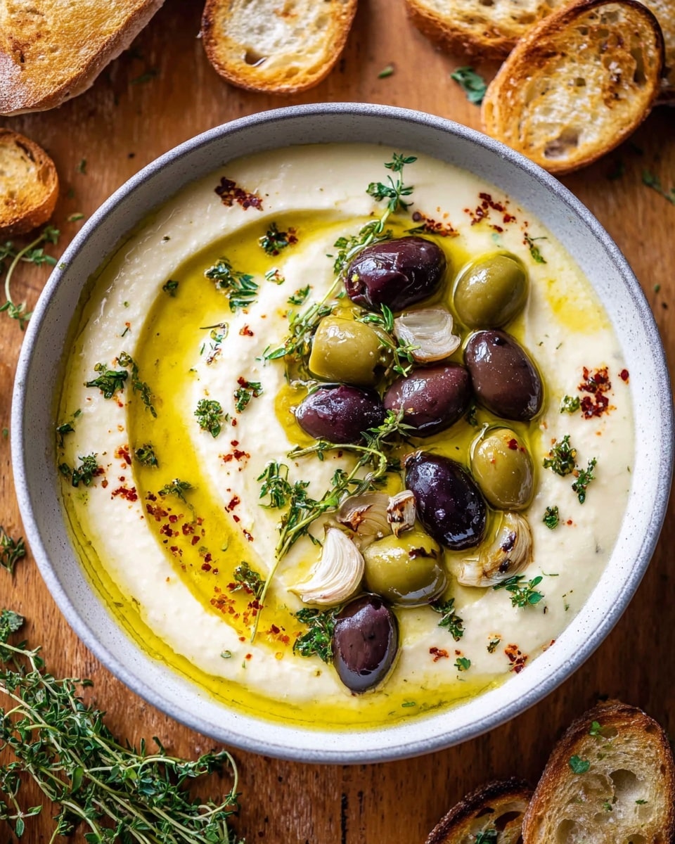 A white bowl filled with two creamy layers, the bottom layer is pale yellow and smooth, while the top layer is thick and white, swirled gently. On top, there are green and dark purple olives scattered around, along with a few roasted garlic cloves and small green herb sprigs placed delicately. The edges of the dish have a drizzle of golden oil, with some small red flakes sprinkled around for a touch of color. The bowl is set on a wooden surface with some toasted bread slices and fresh green herbs nearby. photo taken with an iphone --ar 4:5 --v 7