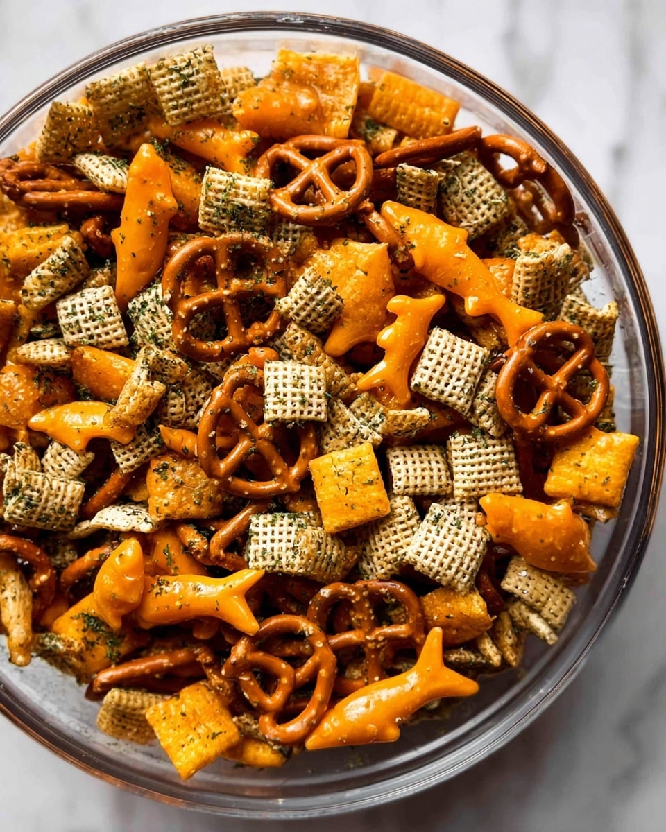 The image shows a close-up of a mixed snack in a clear bowl with visible layers of different textures and colors. The snack consists of orange, square-shaped crackers, small, yellow fish-shaped crackers, light beige square cereal pieces with a woven texture, and small pretzels in a light brown color. All pieces are mixed together and sprinkled evenly with green herbs and coarse salt, giving the snack a speckled look. The bowl is set on a white marbled surface. photo taken with an iphone --ar 4:5 --v 7