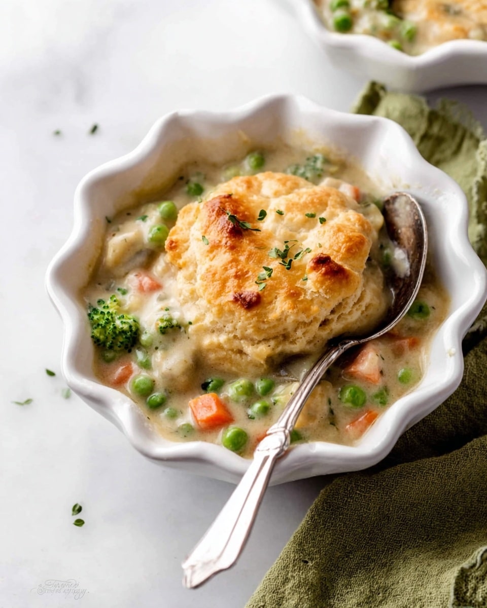 The image shows a white baking dish filled with a creamy vegetable stew made of softened peas, diced orange carrots, and small white chunks in a thick, light brown sauce. On top, there are round, fluffy golden biscuit biscuits with a slightly crispy, browned surface, some with small black pepper specks and green herb bits. The biscuits sit partly in the sauce, showing a soft texture beneath their crust, and the dish is placed on a white marbled surface. Photo taken with an iphone --ar 4:5 --v 7