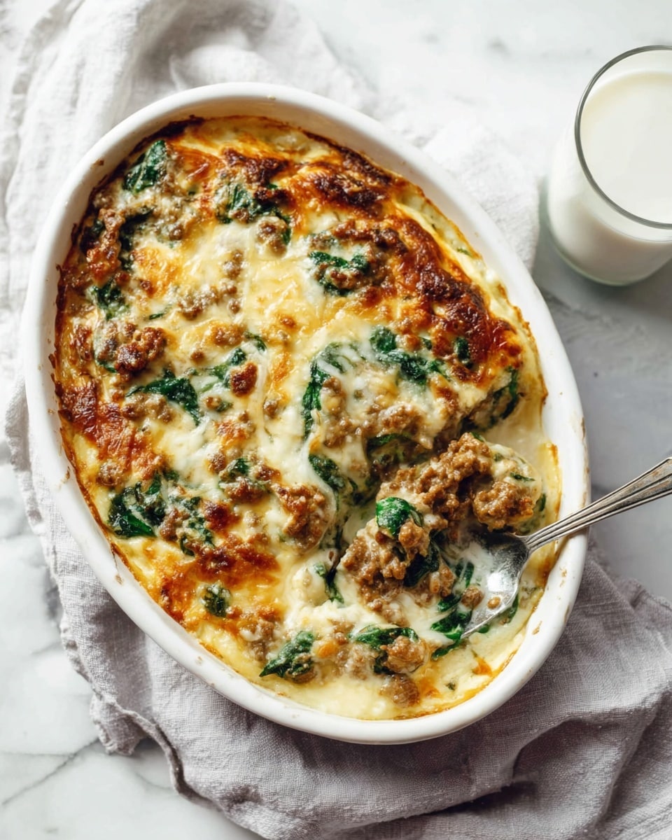The image shows a white oval baking dish containing a baked casserole with three visible layers: the bottom layer is creamy and light yellow, the middle layer has brown cooked ground meat mixed with dark green spinach leaves, and the top layer is covered with melted, slightly browned cheese sprinkled evenly, giving a textured appearance. A silver spoon scoops some casserole from the dish, and the dish sits on a light gray cloth over a white marbled surface. Next to the dish is a glass of milk with a white rim. Photo taken with an iphone --ar 4:5 --v 7