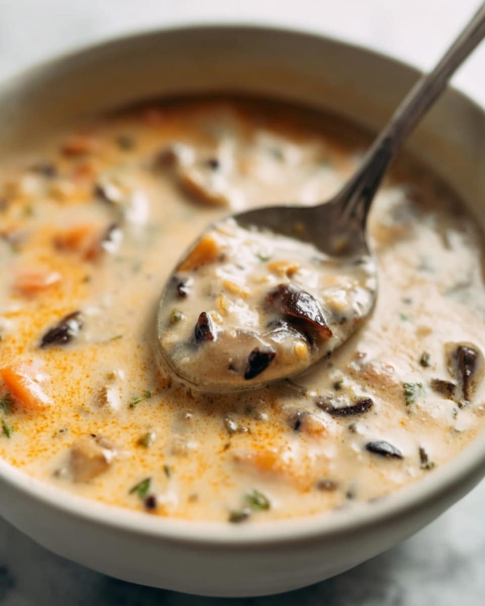 A close-up of a creamy soup in a white bowl on a white marbled surface. The soup has three main layers visible: a thick, beige creamy liquid base, soft orange chunks scattered throughout, and small bits of dark brown mushroom pieces mixed evenly. A silver spoon is scooping some of the soup, showing the thick texture with the orange and mushroom pieces held inside. The image focuses on the spoon and nearby soup, with a soft, blurred background. Photo taken with an iphone --ar 4:5 --v 7