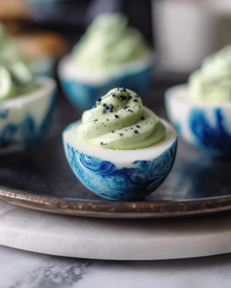 A close-up view of a halved boiled egg with a white and blue patterned shell, filled with a smooth, pale green creamy mixture topped with small black specks, all sitting on a dark round tray on a white marbled surface, with more similar eggs blurred in the background. photo taken with an iphone --ar 4:5 --v 7