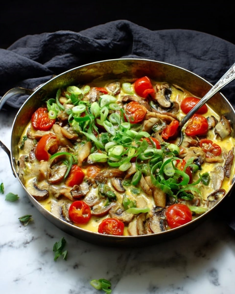 The image shows a round metal pan filled with a colorful dish, placed on a white marbled surface. The dish has multiple layers: the base is a creamy yellow sauce with a smooth texture, topped with sliced mushrooms in light brown with a soft texture. Scattered throughout are halved bright red cherry tomatoes. On top, there is a green layer made of chopped green onions, and some fresh green leaves add a touch of natural freshness. A spoon is partially visible inside the pan. The setting is simple with a dark cloth in the background. Photo taken with an iphone --ar 4:5 --v 7