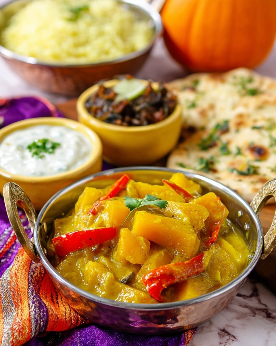 The image shows a shiny silver bowl filled with a yellow curry containing large chunky pieces of vegetables, including orange and red bell pepper strips, all covered in a thick yellow sauce, garnished with a small green herb leaf on top. Behind it, there is a small round white bowl with a smooth white sauce topped with a green herb, and next to that a yellow small bowl filled with a dark brown chunky condiment. In the background, a silver bowl is filled with light yellow rice and a wedge of lime on top. To the right, a piece of flatbread with green herbs on it rests on a white marbled surface, alongside a small round orange pumpkin. All items are placed on a cloth with purple, orange, and white patterns. photo taken with an iphone --ar 4:5 --v 7