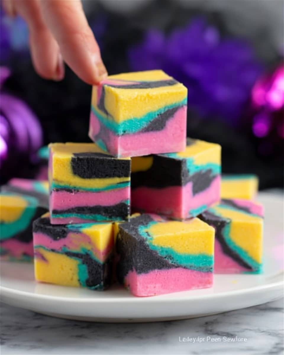 The image shows a stack of colorful fudge cubes on a simple white plate. Each cube has three layers: vibrant pink, bright yellow, and deep black, swirled together in a marbled pattern that makes each piece look unique. The fudge pieces have sharp, clean edges and a smooth, creamy texture, arranged in a loose pile with some pieces resting neatly on top of others. The background is a white marbled surface, adding a soft contrast to the rich colors of the fudge. photo taken with an iphone --ar 4:5 --v 7