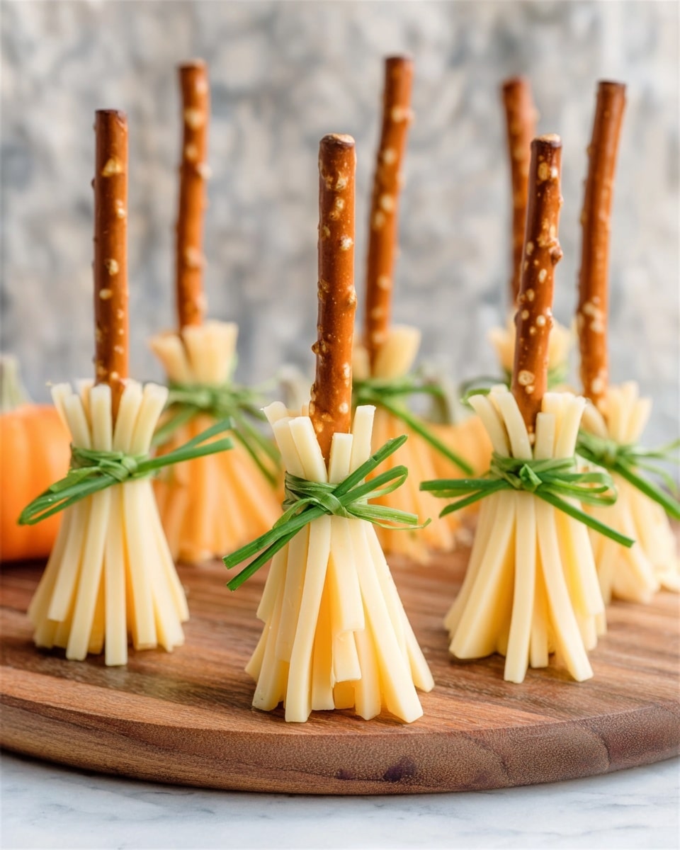 The image shows small bundles of cheese and pretzel sticks arranged on a dark gray plate. Each bundle has two layers: a long, thin light yellow cheese slice and a smaller white cheese slice wrapped together around a pretzel stick. The cheese slices are tied with thin green chives, adding a fresh touch. The plate is on a white marbled surface. The overall look is neat, organized, and colorful with a mix of orange, white, and green tones. Photo taken with an iphone --ar 4:5 --v 7