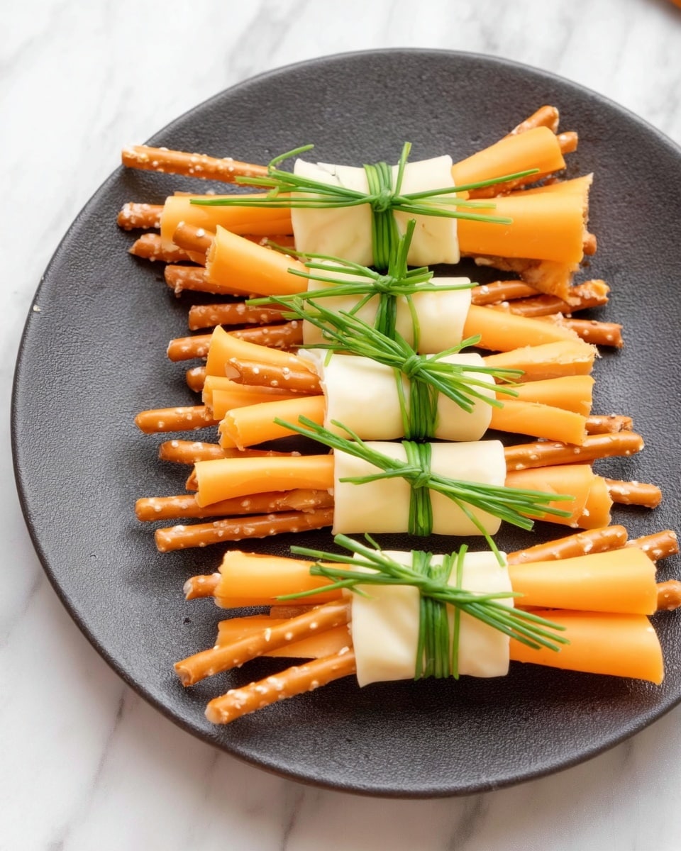The image shows a group of small snacks made with thin yellow and white cheese slices shaped like brooms, with six thin strands at the bottom and held together by a green chive tied in a bow around the middle. Each cheese broomstick has a long, brown pretzel stick inserted vertically at the top as the handle. The snacks are placed standing up on a wooden board with a white marbled surface background, creating a festive and creative look. Photo taken with an iphone --ar 4:5 --v 7