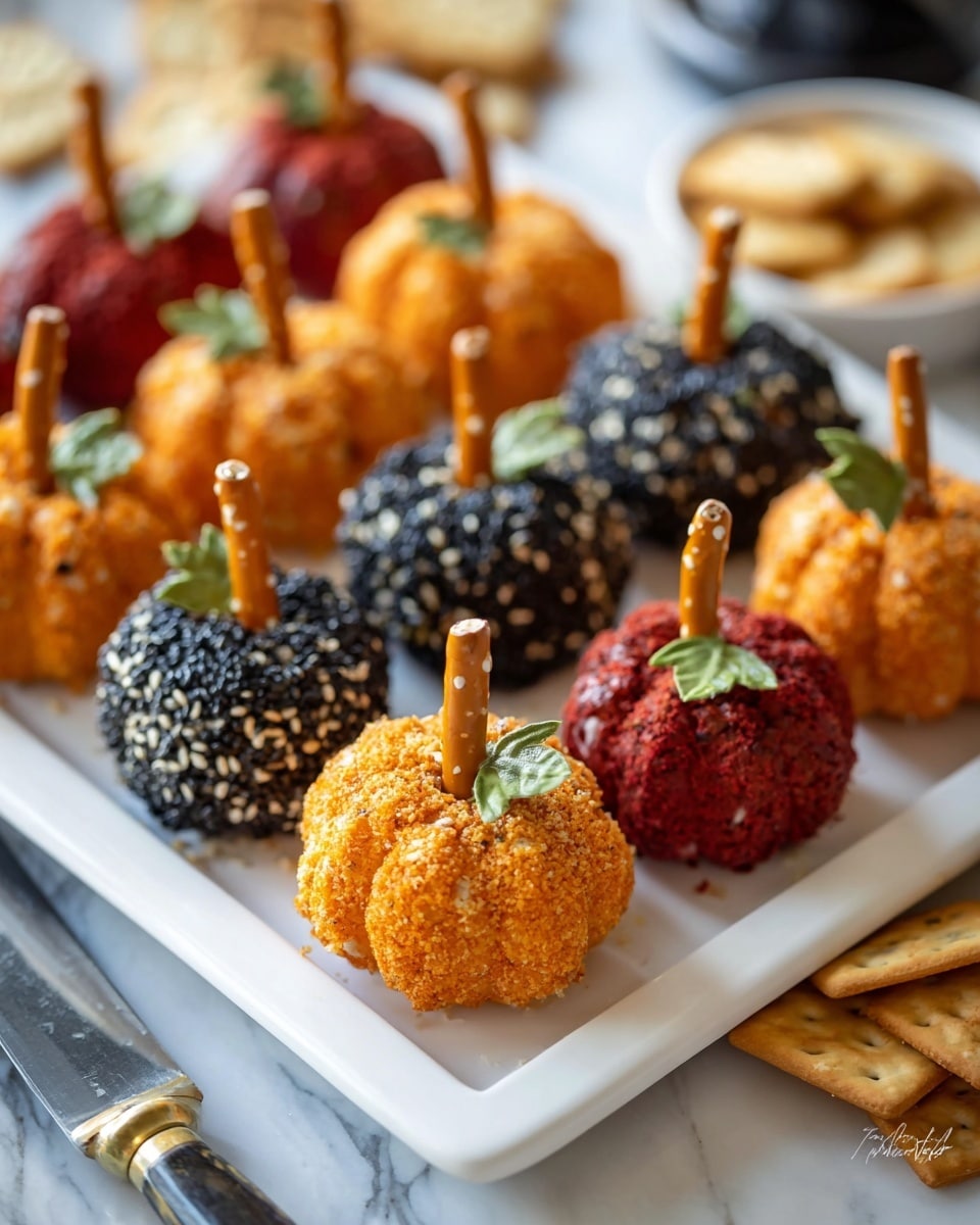 The image shows a white two-tiered serving tray filled with small pumpkin-shaped appetizers. There are three types: orange ones with a crumbly texture, black ones with sesame seeds, and dark red ones with a smooth surface. Each pumpkin has a small green stem on top, made to look like pumpkin stems. Below the tray, there are bunches of red grapes and round crackers on a white marbled surface. The background is softly blurred. Photo taken with an iphone --ar 4:5 --v 7