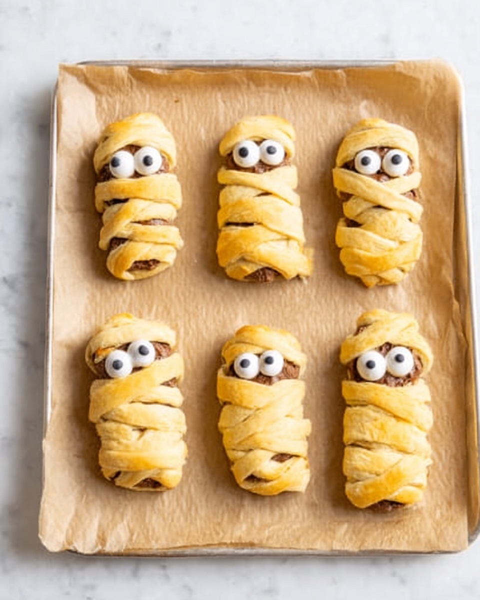 The image shows six small mummy-shaped snacks arranged on a baking paper-covered tray with a light brown color. Each snack is wrapped in thin, pale yellow dough strips that crisscross to look like mummy bandages. The top part of each snack has two small white eyes with dark centers made from icing or chocolate, giving them a cute and funny face. The snacks are evenly spaced in two rows on the tray, which sits on a white marbled surface. photo taken with an iphone --ar 4:5 --v 7