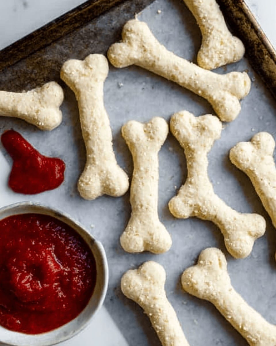 The image shows a baking tray with bones made from dough, arranged neatly and spaced apart. The dough bones are pale and smooth, with some small bits on the surface to add texture, shaped to look like cartoonish bone shapes with rounded ends. Near the bottom left corner, there is a small white bowl filled with thick, deep red sauce. Next to the bowl, a bit of sauce is slightly spread on the tray, adding some contrast. The background is a white marbled texture. Photo taken with an iphone --ar 4:5 --v 7