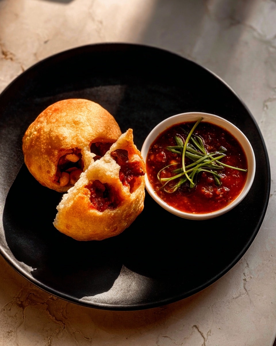 The image shows a black plate on a white marbled surface. On the plate, there is a golden brown, round fried pastry that is split open, revealing a filling of reddish-brown sauce with small pieces of food inside. Next to the pastry, there is a small white bowl filled with red sauce topped with thin, bright green herb strips. The light highlights the crisp and smooth textures of the pastry and the shiny surface of the sauce, creating a warm and inviting look, photo taken with an iphone --ar 4:5 --v 7