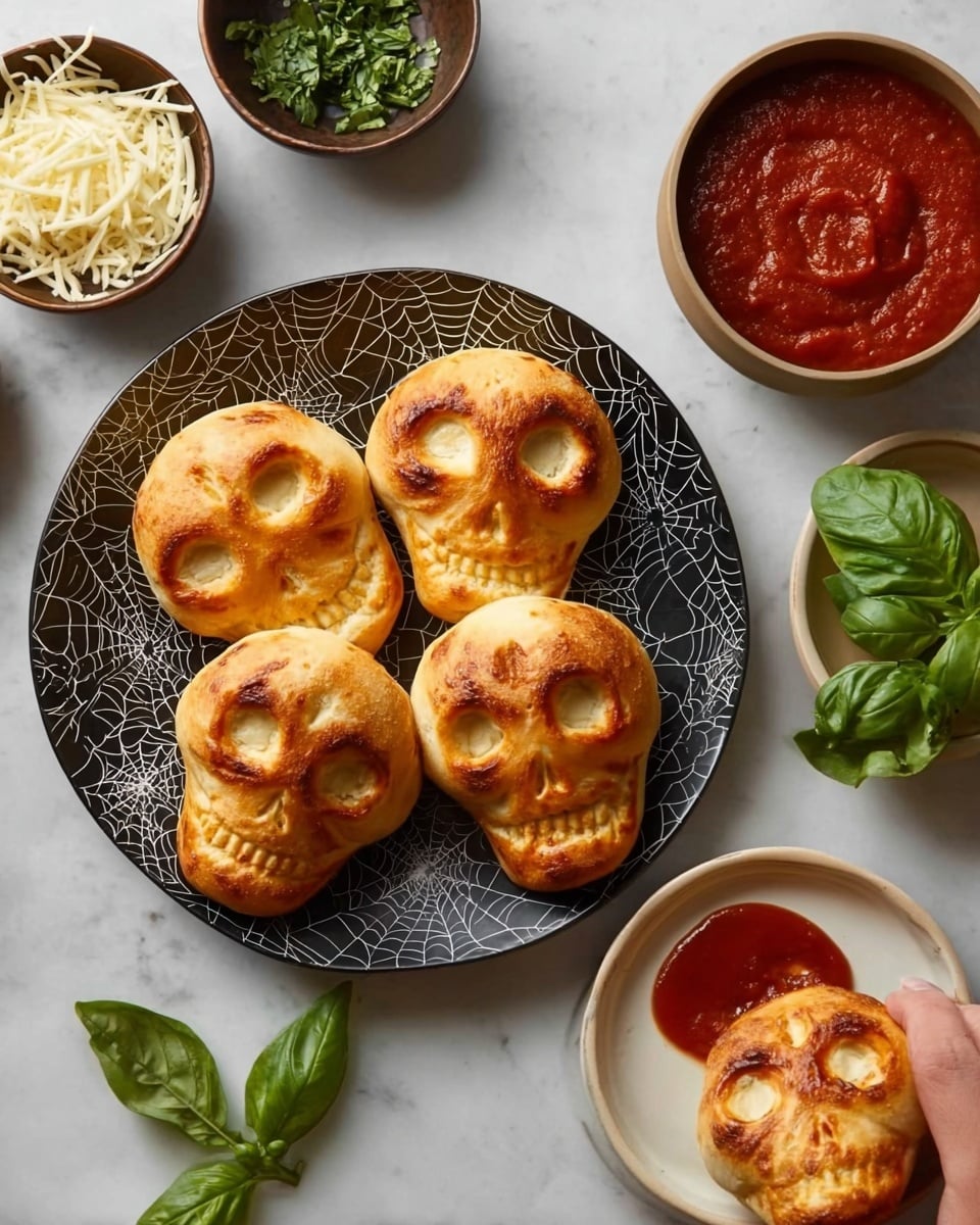 The image shows five skull-shaped baked breads with a golden-brown crust on a white plate with black spider web patterns. The breads have detailed eye sockets and nose shapes, making them look like skulls. The plate sits on a white marbled surface with two small bowls nearby; one bowl holds shredded white cheese, and the other has green chopped herbs. To the right, there is a smaller white plate with one skull bread partially dipped in red sauce. Some fresh green basil leaves are beside the plates, adding a bright touch to the scene. A woman’s hand reaches toward the plate with the skull breads. Photo taken with an iphone --ar 4:5 --v 7