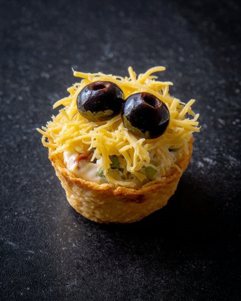 A small bite-sized tart sits alone on a dark surface replaced by a white marbled texture. The base is a golden, crispy crust filled with a light, creamy mixture containing tiny bits of green and red vegetables. On top, there is a thick layer of bright yellow shredded cheese, fluffy and loose. Two large black olives stuffed with white filling rest side by side on the cheese, adding a shiny and smooth contrast. photo taken with an iphone --ar 4:5 --v 7