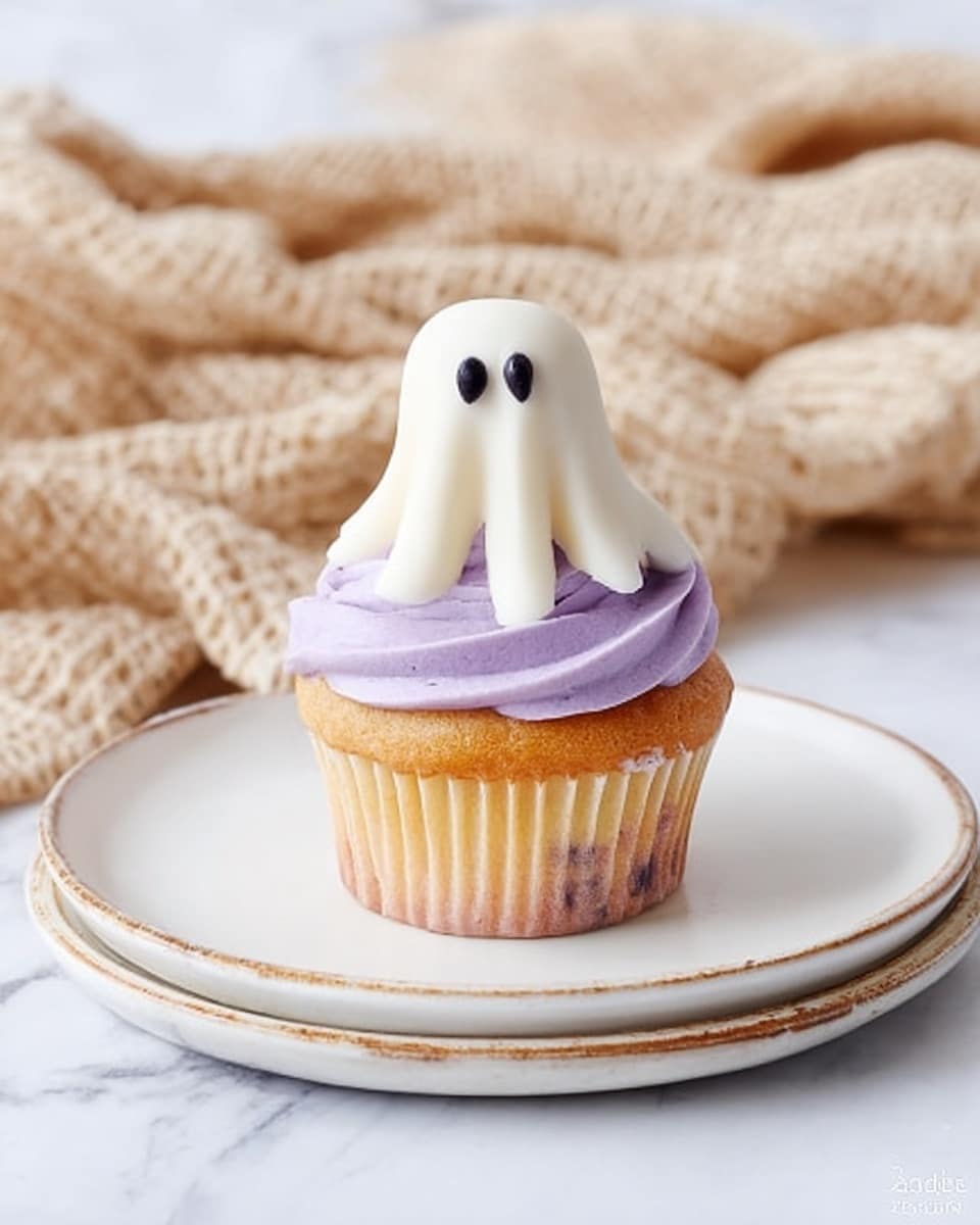 A single cupcake sits on a white plate with a slightly worn, rustic edge, placed on a white marbled surface. The cupcake has a golden-brown base with a smooth layer of light purple frosting swirled on top. Over the frosting, there is a white fondant ghost draped carefully, forming soft folds to resemble a small ghost sheet, with two small black fondant circles for eyes near the top center. Behind the cupcake, a textured beige cloth is partially visible, adding a cozy feel. Photo taken with an iphone --ar 4:5 --v 7