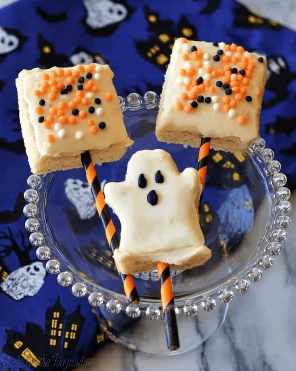 The image shows three square cookie pops on a clear glass plate with a beaded edge. Each cookie has a light beige base with cream-colored icing. Two cookies have small orange, black, and white round sprinkles on top. The middle cookie is decorated with a white ghost-shaped icing featuring two black oval eyes and a black round mouth. All cookies are attached to black and orange striped sticks. The plate is placed on a white marbled surface with a dark blue cloth underneath that has black haunted house and white ghost patterns. Photo taken with an iphone --ar 4:5 --v 7