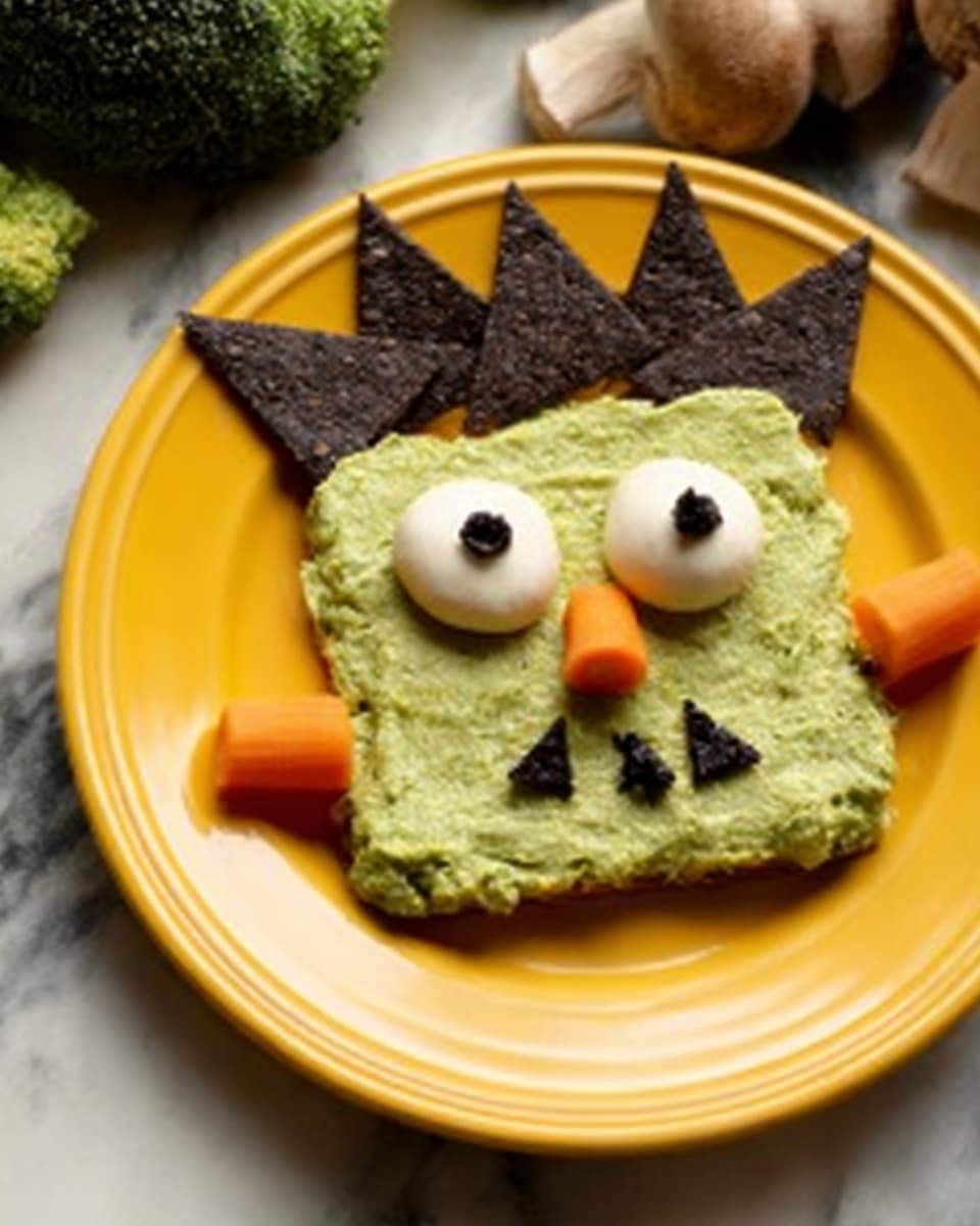 A yellow plate holds a fun face made from food. The base is a thick, green spread with a smooth texture, shaped into a rectangle with rounded corners. On top, two round white dollops form eyes, each with a small black center to show pupils. Above the eyes, two triangular dark brown crackers stand up, looking like hair. A small orange carrot piece sits on each side of the green face, like ears. Below the eyes, a few small black bits form a jagged mouth. The plate is placed on a white marbled surface with some blurred mushrooms and broccoli in the background. Photo taken with an iphone --ar 4:5 --v 7