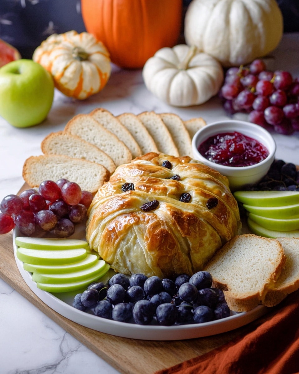 A white plate sits on a white marbled surface holding a round baked brie wrapped in golden brown puff pastry with dark spots from baked raisins on top. Around it are layers of sliced green apples with smooth pale green skins, dark purple grapes clustered in bunches, and scattered deep blue blueberries. There are also several thick slices of light brown crusty bread placed casually on the plate. A small white bowl with red cranberry sauce is placed behind the brie. The background shows small pumpkins in white and orange colors, adding an autumn feel to the scene. photo taken with an iphone --ar 4:5 --v 7