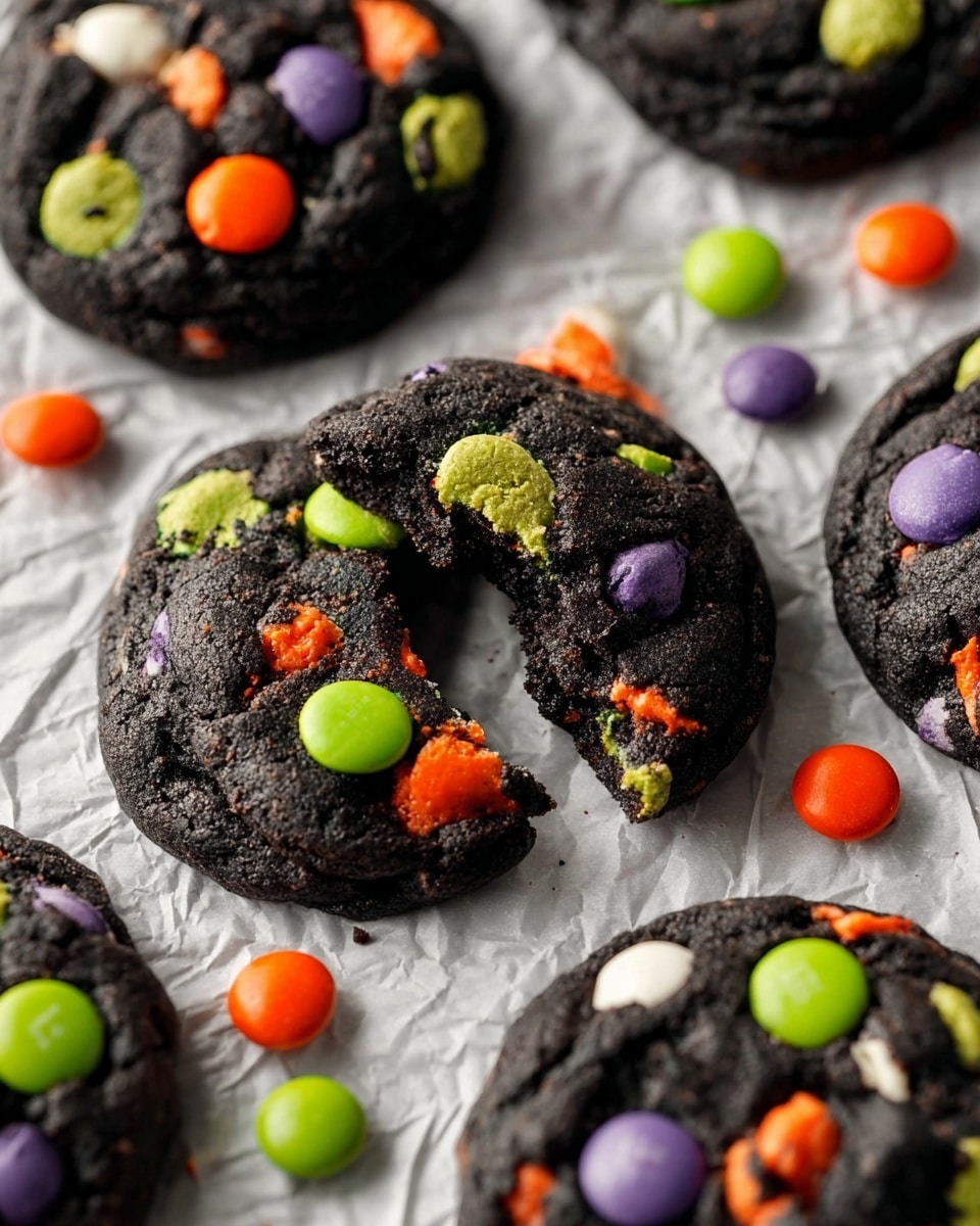 The image shows dark black cookies with a rough texture, each decorated with colorful candy pieces in green, orange, purple, and white, scattered on a crinkled white parchment paper over a white marbled surface. One cookie is broken in the middle, revealing the thick, soft inside, and the candies are embedded in the top layer, giving the cookies a playful and vibrant look. Small loose candies surround the cookies, adding pops of bright color around the scene. photo taken with an iphone --ar 4:5 --v 7