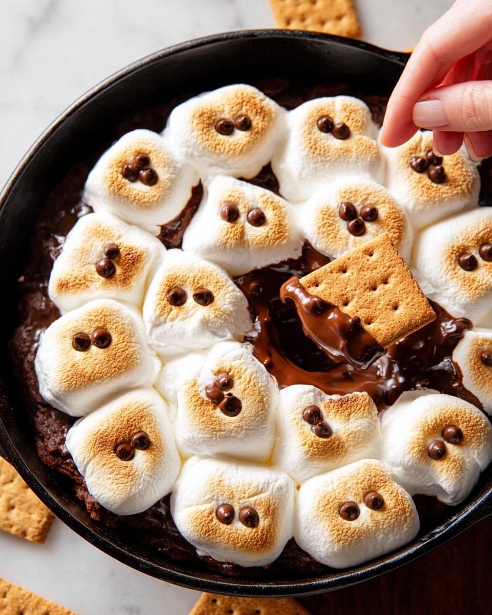 The image shows a black round pan filled with toasted marshmallows, each puffed up and golden brown on top with three small chocolate chips melted into each marshmallow. Underneath the marshmallows, gooey melted chocolate is visible, partially stretching as a woman's hand dips a square graham cracker into the melty mixture. The toasted marshmallows create a soft, fluffy layer with a slightly crispy golden surface, and the rich dark chocolate beneath adds a shiny, smooth texture. The whole scene is on a white marbled surface. photo taken with an iphone --ar 4:5 --v 7