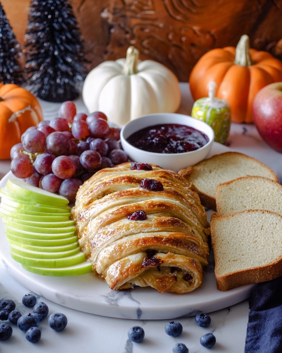 A white plate on a white marbled surface holds a wrapped golden-brown baked pastry in the center, with visible cranberry pieces on top. The pastry has several parallel layers of golden crust crossing over each other, covering the filling inside. Surrounding the pastry are layered slices of green apple with smooth edges on the left and back sides, plump purple grapes both in small bunches and loose, and scattered fresh blueberries. On the right, two slices of light brown bread rest near the fruit. Behind the plate, a white bowl partially filled with dark red cranberry sauce is visible. The background has small decorative white and orange pumpkins, and a small black tree decoration with a wooden wall behind. photo taken with an iphone --ar 4:5 --v 7