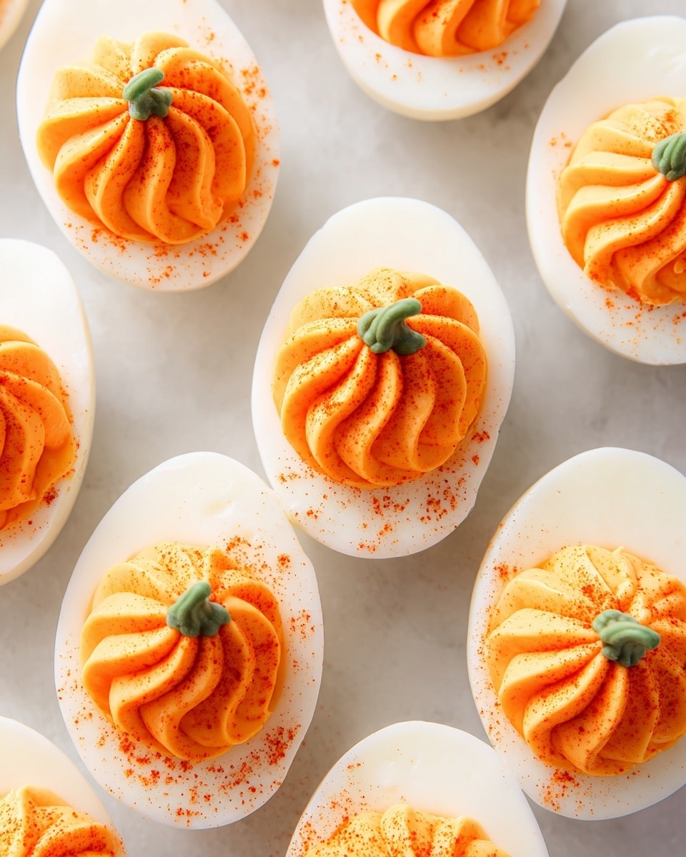 A white round plate holds twelve deviled eggs arranged evenly in a circle and a few in the center. Each egg is halved, showing a smooth white outer layer and an orange creamy filling shaped with three curved lines to look like small pumpkins. Each pumpkin-shaped filling is topped with a small green piece standing upright as the pumpkin stem, with a light sprinkle of red powder on top. The plate sits on a white marbled surface, with a bunch of green chives tied with white string positioned in the top right corner. A small clear bowl filled with red powder is near the top left corner, with scattered tiny green chive pieces around. A gray and white cloth is partially visible at the bottom left. Photo taken with an iphone --ar 4:5 --v 7
