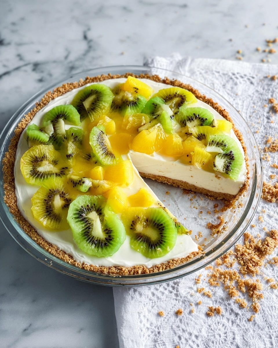 A round tart with a brown crumbly crust forms the bottom layer, topped with a thick creamy white filling. On the top, green and yellow slices of kiwi are placed evenly across the surface, creating a colorful pattern. The tart is inside a clear glass pie dish placed on a white marbled surface. To the right side, there is a small white plate with more green and yellow kiwi slices next to a silver knife with a wooden handle resting on a textured white cloth. Small crumbs scatter near the tart, photo taken with an iphone --ar 4:5 --v 7