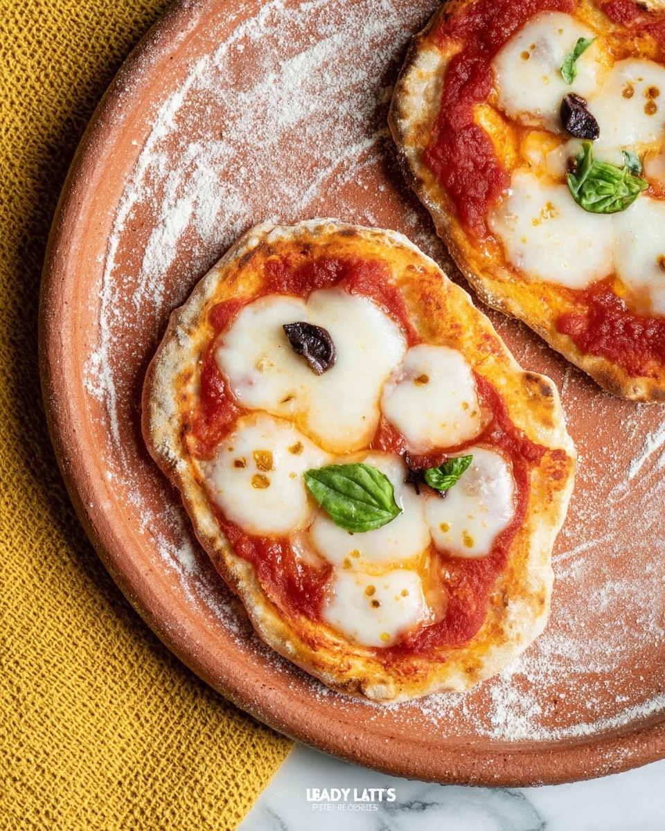 Two small pizzas with one layer of light golden crust with slightly rough edges, topped with a bright red tomato sauce spread thinly and unevenly, followed by patches of melted white cheese that look soft and smooth. Small green basil leaves and tiny pieces of black olives are placed on top, adding contrast to the cheese. The pizzas are on a large round terracotta plate with white flour dust around them, and the plate rests on a yellow textured cloth. The surface underneath has a white marbled texture. photo taken with an iphone --ar 4:5 --v 7