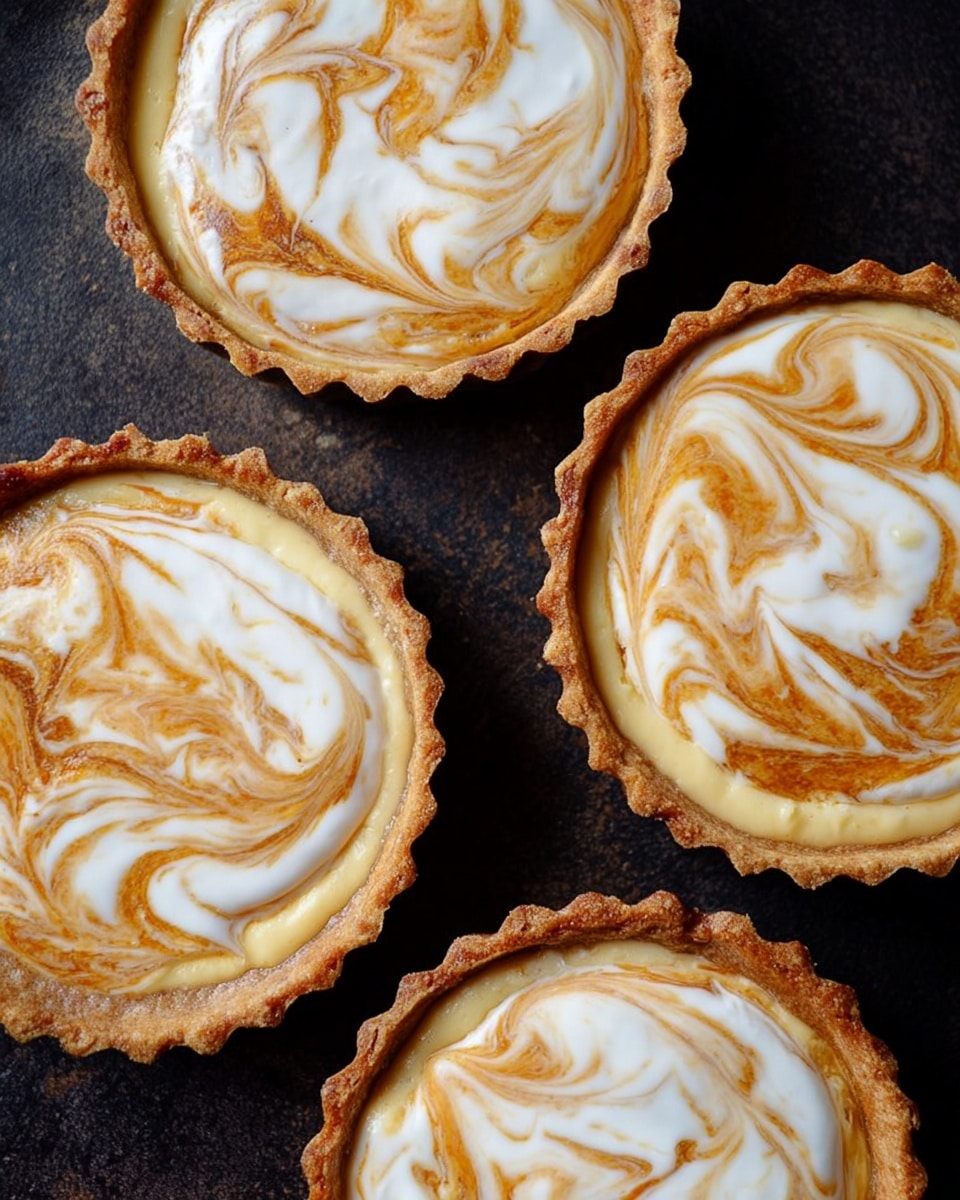 Four small tarts are shown from above, each with a golden-brown crust and a creamy white and light brown marbled filling that swirls across the top in irregular patterns. The crusts have scalloped edges and the creamy filling looks smooth with a slightly glossy texture. The tarts are placed against a dark background that contrasts with the light colors of the filling and crust. Photo taken with an iphone --ar 4:5 --v 7
