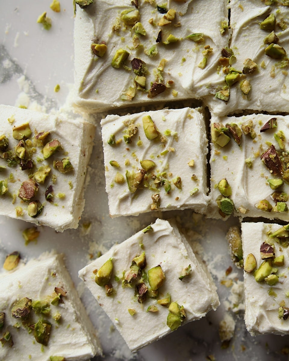 The image shows a close-up of soft white squares arranged in a single layer on a white marbled surface. Each square has a creamy texture with small uneven swirls and is topped with scattered pieces of chopped green pistachios and brown nut bits, adding a rough, crunchy contrast to the smooth base. The white creamy layer looks thick and fluffy, and the squares are cut cleanly but not perfectly even. photo taken with an iphone --ar 4:5 --v 7
