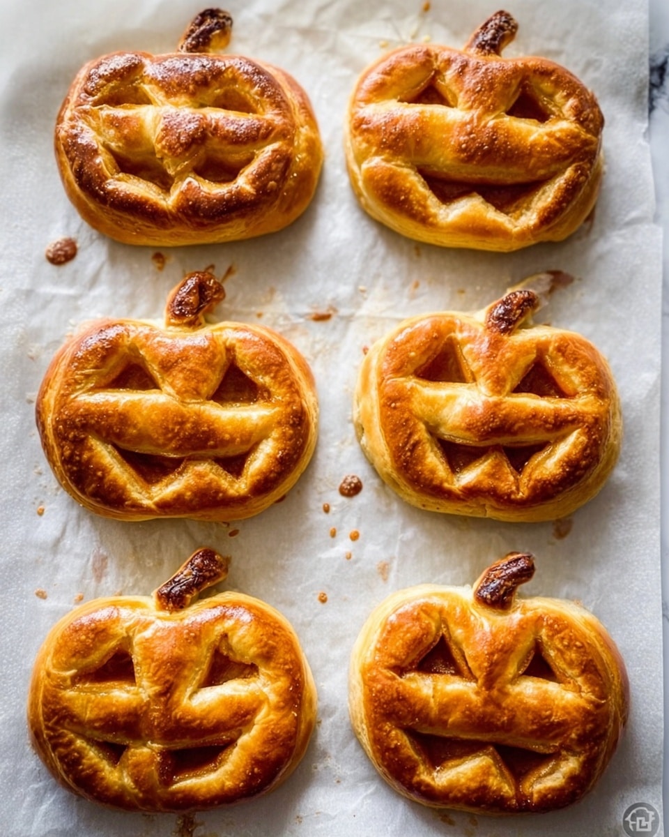 The image shows six golden-brown pumpkin-shaped pastries arranged in two columns and three rows on white parchment paper, placed on a white marbled surface. Each pastry has a thick outer crust with visible texture, shaped like a pumpkin with carved features, revealing a smooth, darker orange filling inside. The layers include the puff pastry outer shell, with varying pumpkin face details that have openings letting the soft filling peek through. Some pastries have a small stem on top, and the crusts are glossy from baking, with slight browning at edges and small baked spots on the paper around them, suggesting a freshly baked look. photo taken with an iphone --ar 4:5 --v 7