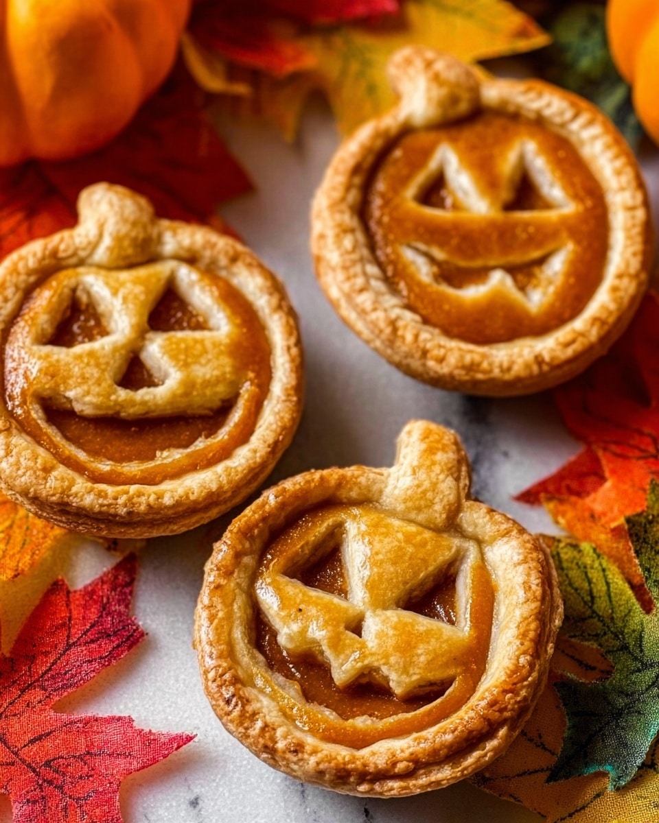 The image shows three small pumpkin-shaped pies on a white marbled surface decorated with colorful autumn leaves in red, orange, and green shades. Each pie has a golden-brown crust and a smooth orange filling visible through jack-o'-lantern face cutouts on the top layer. The pies are arranged close together, with one showing triangle eyes and a smile, another with triangular eyes and a mischievous smile, and the third with diamond shapes for eyes and a smile. The crust looks flaky and shiny, giving a fresh baked feel. Photo taken with an iphone --ar 4:5 --v 7