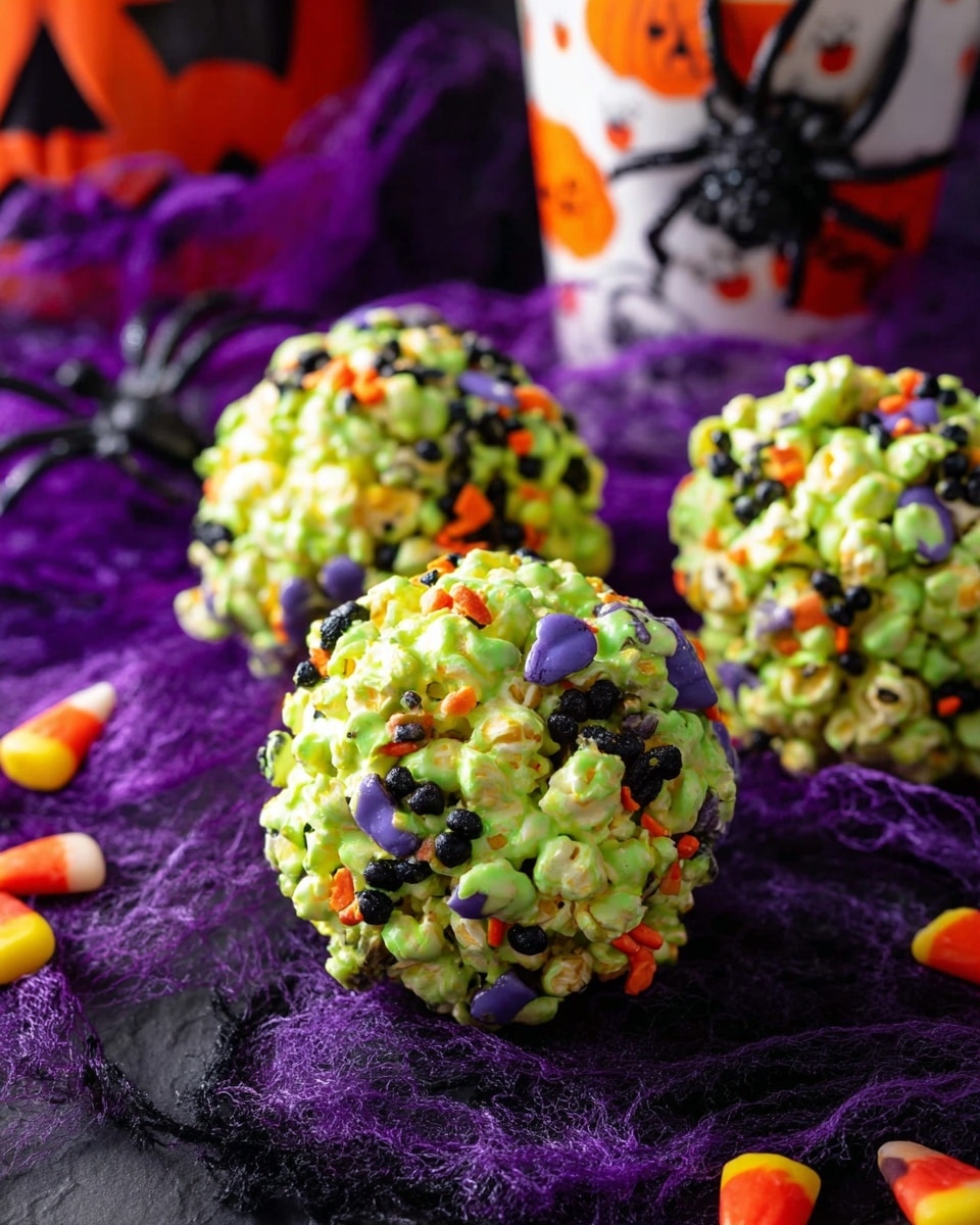 The image shows three round popcorn balls with a bright green coating, decorated with black and purple sprinkles, and small orange and green candy pieces embedded throughout. The popcorn balls have a rough texture with the popcorn pieces clearly visible under the coating. They sit on a dark surface covered with a delicate purple spiderweb-like netting, scattered with some orange and green candy pieces. In the background, a white cup with a Halloween design in orange and black colors is partially visible. The overall scene has a festive Halloween feel with small black DIY spider decorations nearby. Photo taken with an iphone --ar 4:5 --v 7