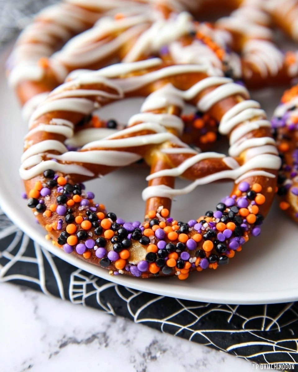 The image sequence shows a circular arrangement of crunchy pretzel sticks forming the base web, placed on a round foil sheet over a white marbled surface. First, eight pretzel sticks are laid out radially like spokes of a wheel. Then, a dollop of white cream is placed centrally, joining the middle of the spokes. Next, white icing is piped in a spiral connecting the pretzels, forming the web's lines. After that, orange, purple, and black sprinkles are added around the icing spiral, creating a festive edge. More sprinkles are placed closer toward the center in a ring shape, with a few scattered inside the web. The final close-up shows the web with icing lines over the pretzel spokes, topped with the dollop of white cream at the center and decorated with orange, purple, and black sprinkles, resembling a spooky spider web. Photo taken with an iphone --ar 4:5 --v 7